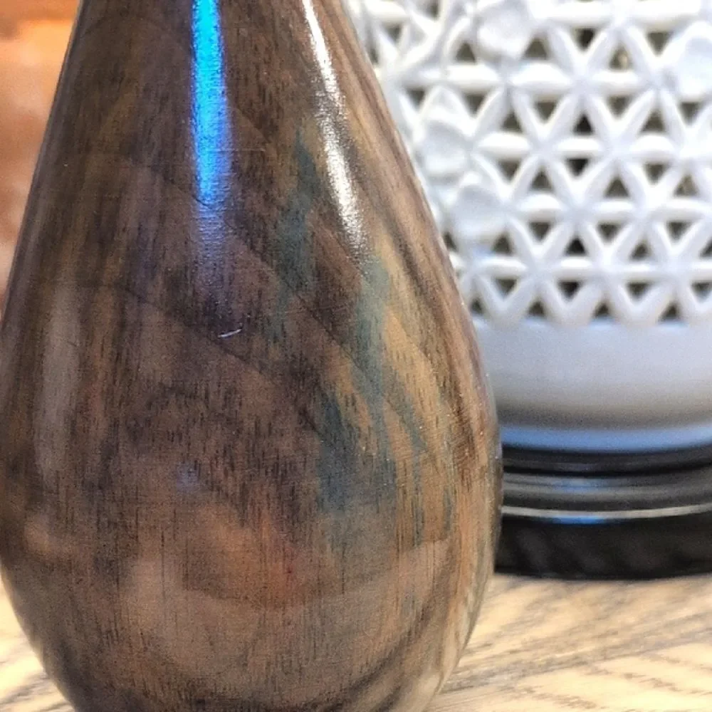 Hand Crafted Elegant Brown Wooden Vase With Green Accents